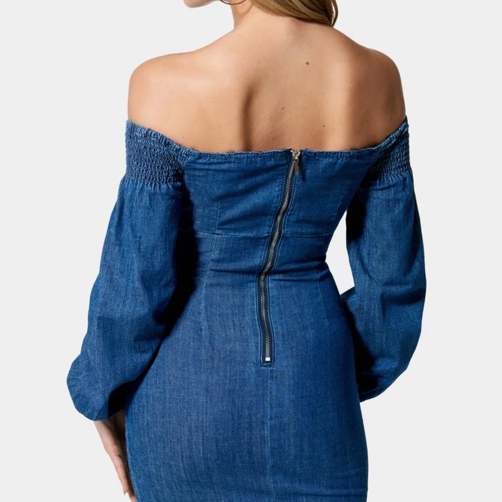 bebe Off-Shoulder Long Sleeve Denim Dress in Blue - Picture 7 of 9